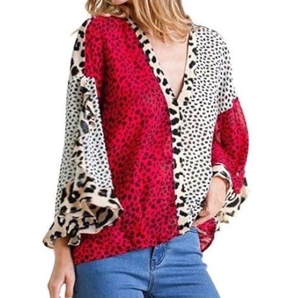 UMGEE ANIMAL PRINT RUFFLED SLEEVE SURPLICE TOP. LIGHTWEIGHT SHEER, HIGH LOW HEM - Picture 10 of 12